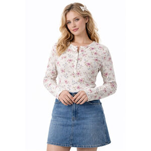 Sax Michelle Bay Floral Ribbed Henley Top M Cottagecore Y2K Long Sleeve